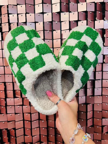 checkered slippers | green + white