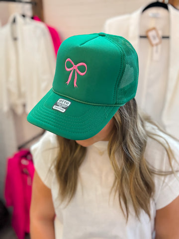 bow trucker hat | green + pink