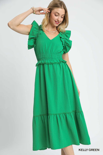 meant to be noticed ruffle sleeve midi dress | kelly green