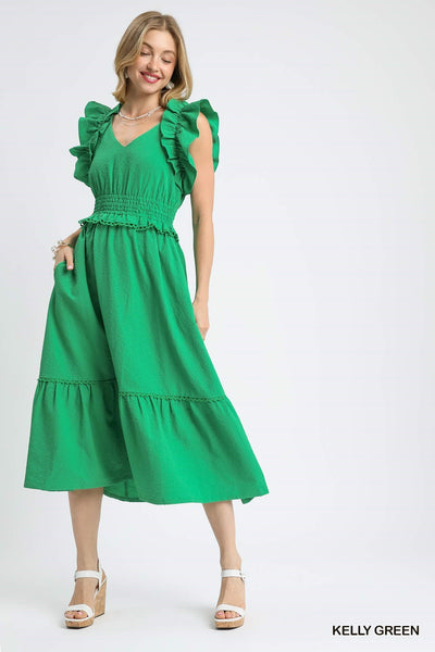 meant to be noticed ruffle sleeve midi dress | kelly green