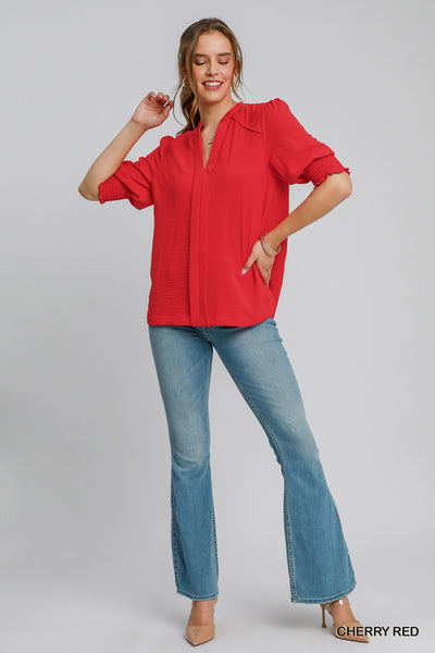 triple take split neck top | cherry red