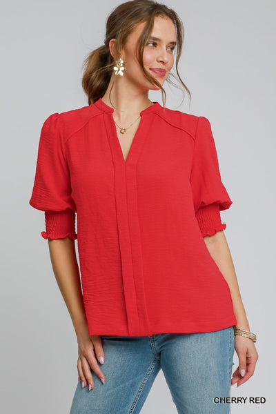 triple take split neck top | cherry red