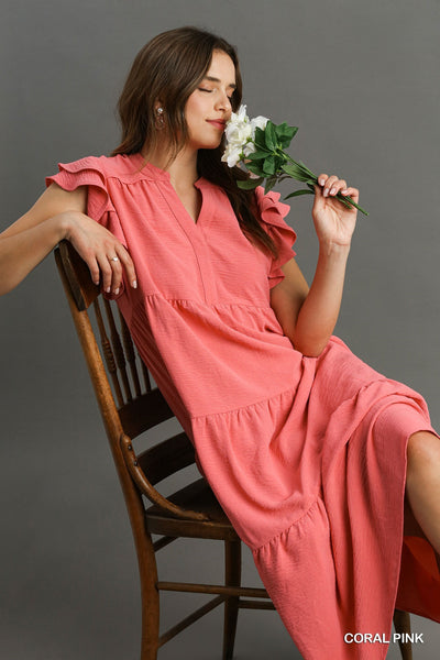 made to believe tiered midi dress | coral pink