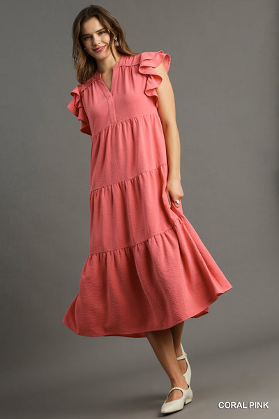 made to believe tiered midi dress | coral pink