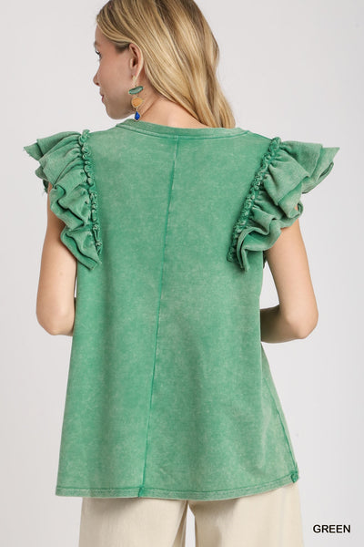 just dreaming washed ruffle sleeve top | green