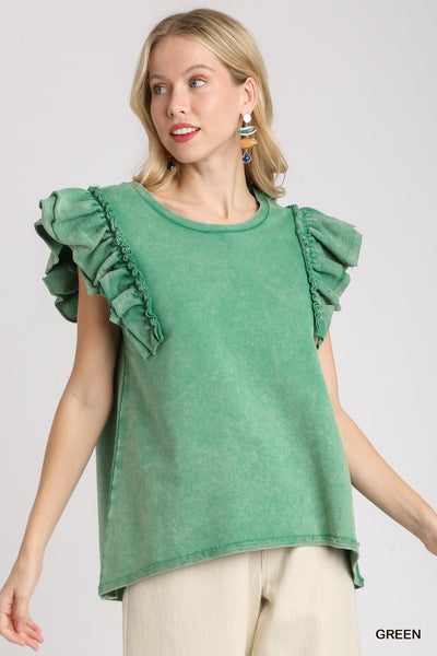 just dreaming washed ruffle sleeve top | green
