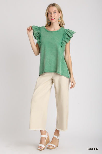 just dreaming washed ruffle sleeve top | green
