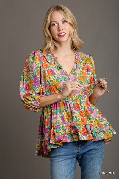 art of living floral baby doll top | pink mix