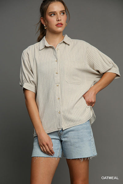 read all about it stripe linen button up | oatmeal