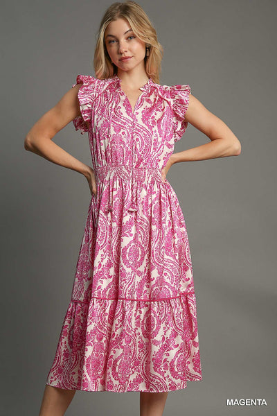 whispers of grace paisley midi dress | magenta