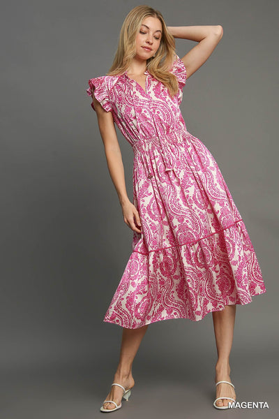 whispers of grace paisley midi dress | magenta