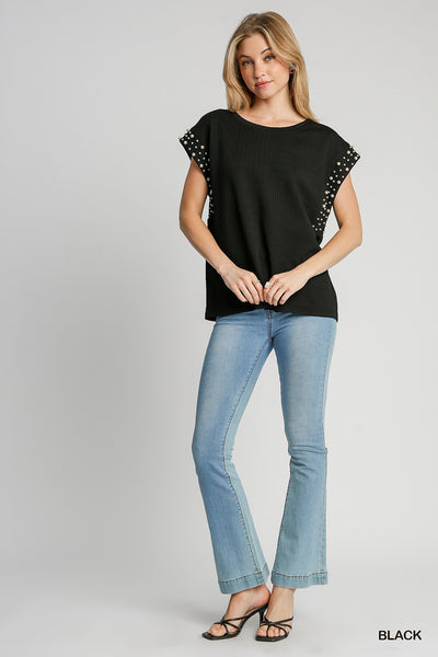 elegant embrace jacquard pearl top | black