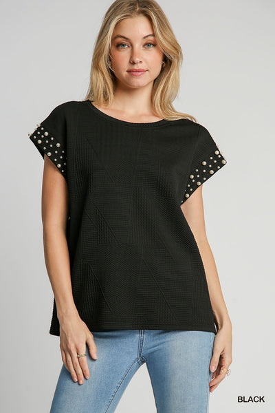 elegant embrace jacquard pearl top | black