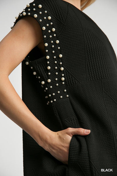 invested in you jacquard pearl sleeve dress | black