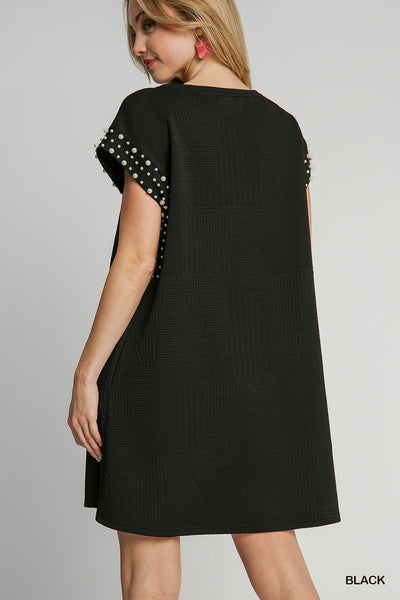 invested in you jacquard pearl sleeve dress | black