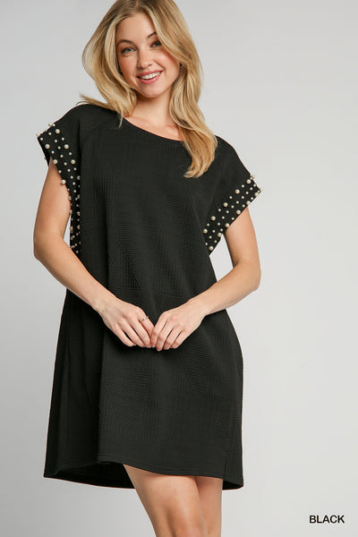 invested in you jacquard pearl sleeve dress | black