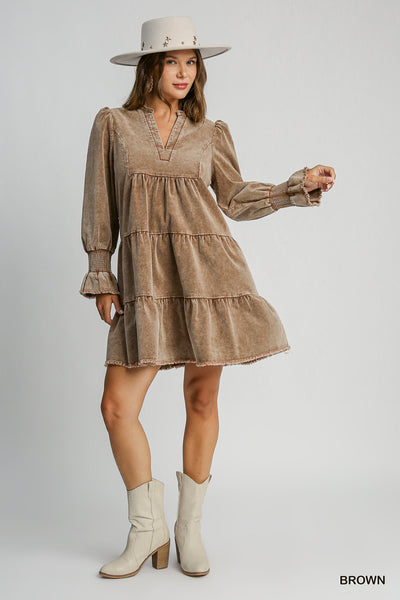 small town charmer stone washed corduroy dress | brown