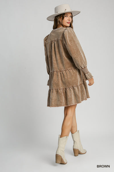 small town charmer stone washed corduroy dress | brown