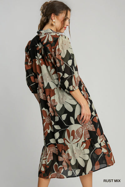 sweet sentiments floral abstract midi dress | rust mix
