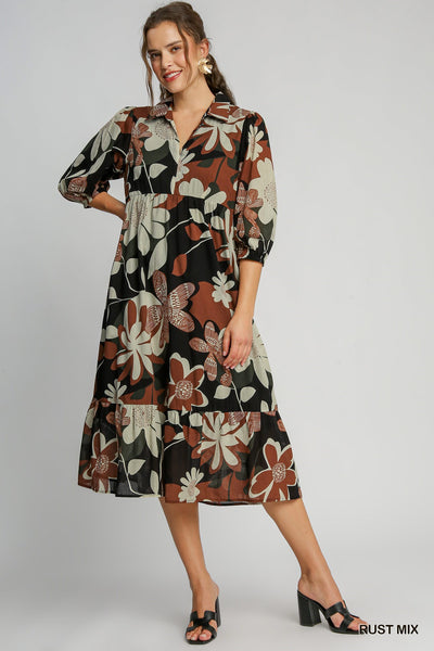 sweet sentiments floral abstract midi dress | rust mix