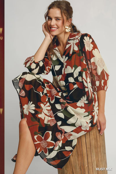 sweet sentiments floral abstract midi dress | rust mix