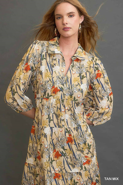 faded blossoms tiered midi dress | tan mix