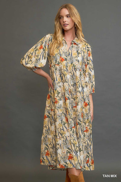 faded blossoms tiered midi dress | tan mix