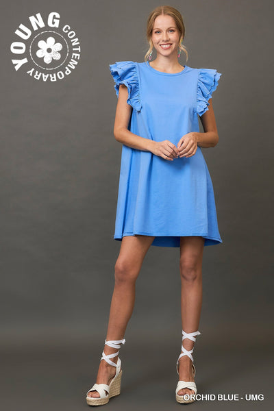 summer kisses french terry flutter sleeve dress | orchid blue