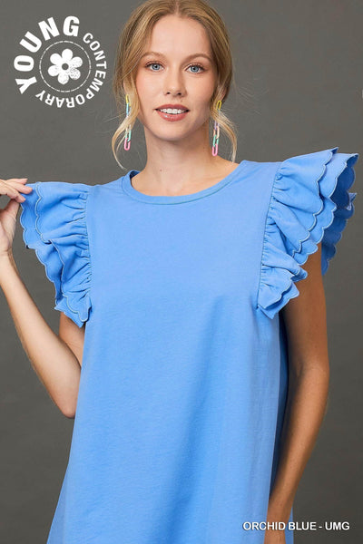 summer kisses french terry flutter sleeve dress | orchid blue