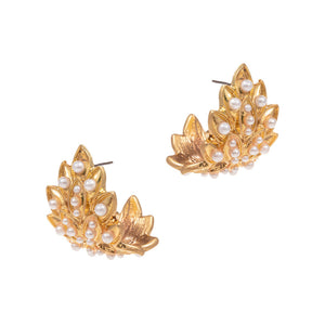 pearl embellished leaf earrings | gold