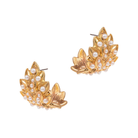 pearl embellished leaf earrings | gold