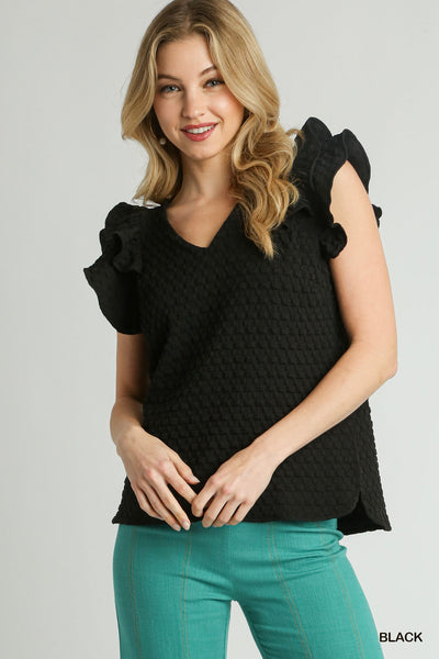 tourist time jacquard ruffle sleeve top | black