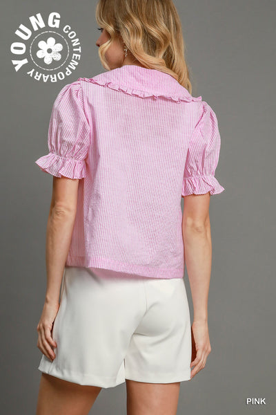 patio sunsets stripe ruffle collar tie top | pink