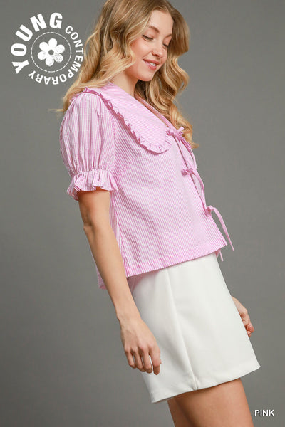 patio sunsets stripe ruffle collar tie top | pink