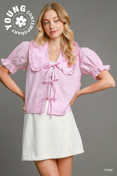patio sunsets stripe ruffle collar tie top | pink
