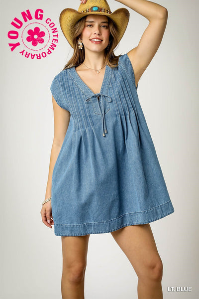 american made denim pinktuck dress | light blue