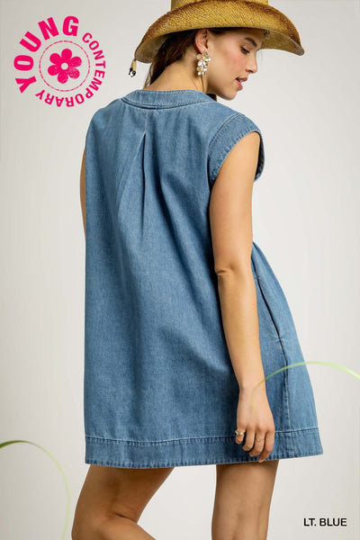 american made denim pinktuck dress | light blue