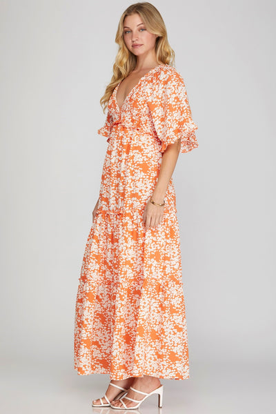 nature's charm flutter sleeve maxi dress | tangerine