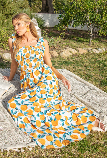 tangy blossom citrus print maxi dress | orange