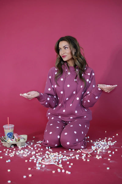 cozy in polka dots sweat set | maroon + pink