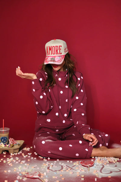 cozy in polka dots sweat set | maroon + pink