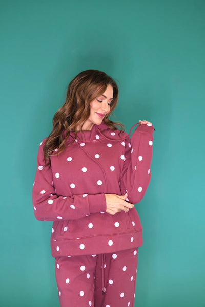 cozy in polka dots sweat set | maroon + pink