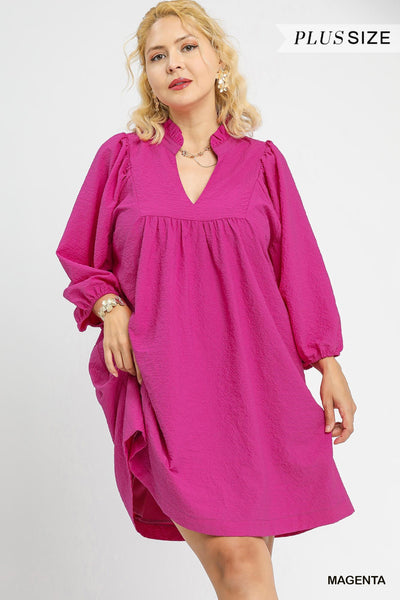 only good things puff sleeve babydoll dress, plus size | magenta