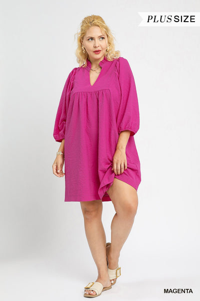 only good things puff sleeve babydoll dress, plus size | magenta