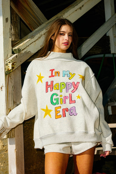in my happy girl era reversible mock neck | heather grey