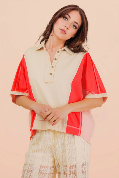 let's catch up oversized color block top | tomato