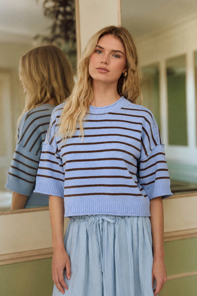 makes you happy striped short sleeve top | blue + brown