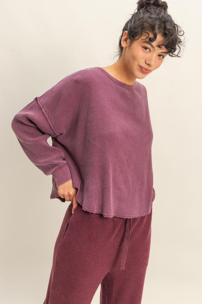 simple joys mineral wash drop shoulder waffle knit top | plum
