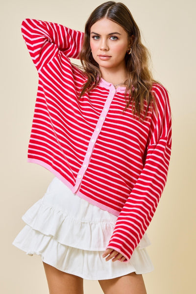 left it at that striped cardigan | pink + red