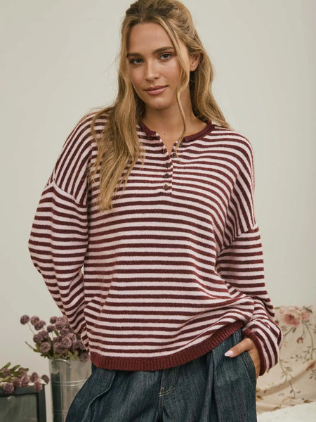 watch her work striped button henley | burgundy